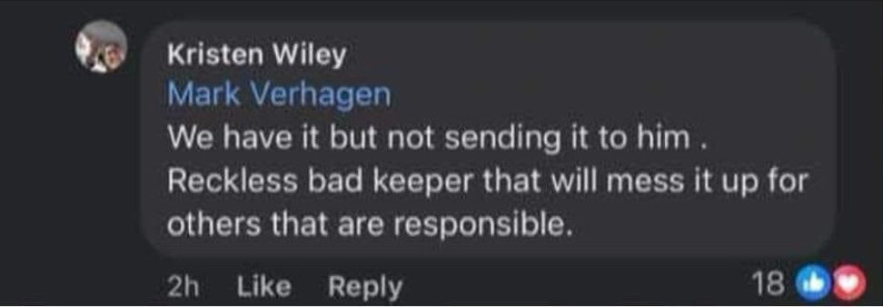 Comentário de Kristen Wiley, diretora do Kentucky Reptile Zoo, onde se lê: "We have it but not sending it to him. Reckless bad keeper that will mess it up for others that are responsible."
