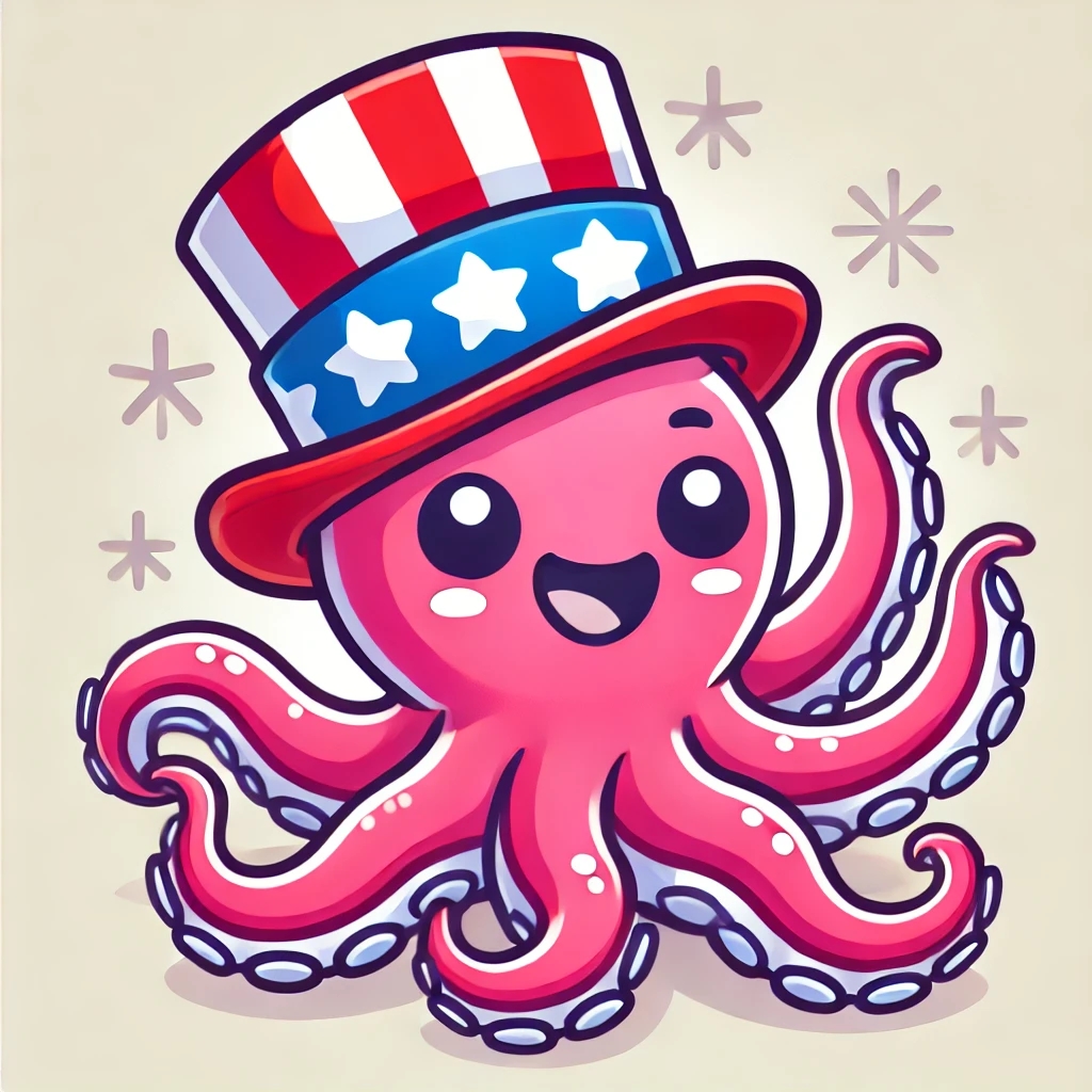 Um polvo rosa cartunesco vestindo um chapéu com as cores da bandeira americana.