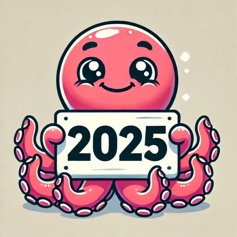 Um polvo rosa segurando um cartaz onde se lê "2025".