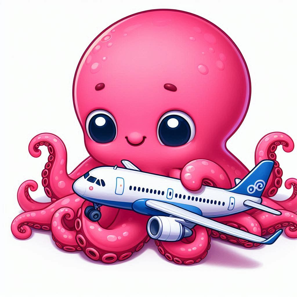 um polvo rosa brincando com um airbus a319 de brinquedo, estilo cartum, sem muitos detalhes ou imagens no fundo