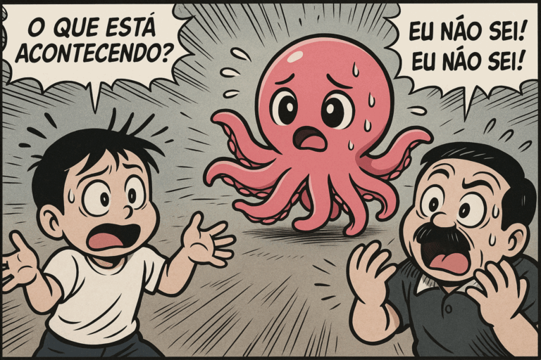 A imagem é um quadrinho em estilo cartoon e traço mangá, com cores mais vivas e contrastadas. No centro da cena há um polvo rosa com expressão de pânico, olhos grandes e brilhantes, suor escorrendo, e tentáculos erguidos de forma agitada. À esquerda, um menino com cabelo preto curto e camiseta branca levanta os braços assustado, com boca aberta em grito e olhos arregalados. À direita, um homem de cabelo preto e bigode, vestindo camisa pólo escura, também está em pânico com as mãos levantadas e boca aberta. Ao fundo, há linhas de movimento e efeitos gráficos em preto e branco que reforçam a sensação de caos e tensão. No canto superior esquerdo, uma fala em balão diz: “O QUE ESTÁ ACONTECENDO?”; no canto superior direito, outro balão diz: “EU NÃO SEI! EU NÃO SEI!”.