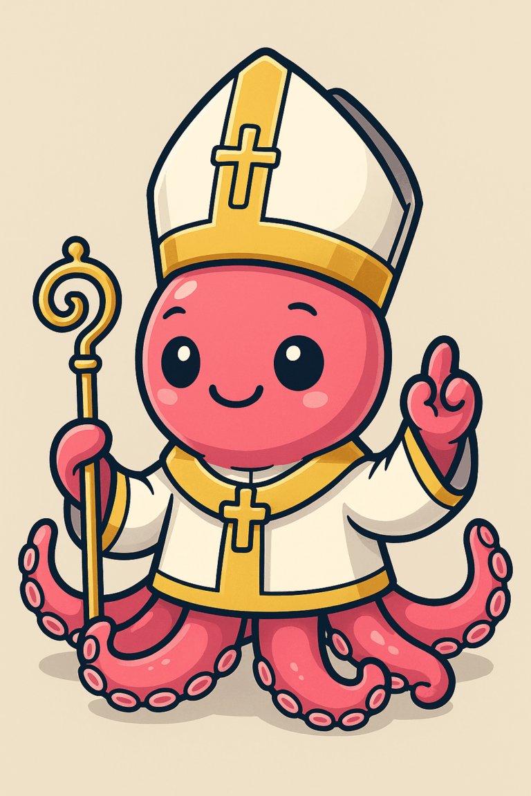 A imagem é uma ilustração digital em estilo cartoon. Ela mostra um polvo antropomorfizado de cor rosa, com olhos grandes e expressivos, sorrindo levemente. Ele está vestido com trajes papais: uma mitra branca com detalhes dourados e uma túnica branca com faixas douradas, incluindo uma cruz estilizada no centro. Um de seus tentáculos está levantado em um gesto de bênção, enquanto outro segura um báculo dourado (cajado papal). O fundo é neutro e bege-claro, sem elementos adicionais.