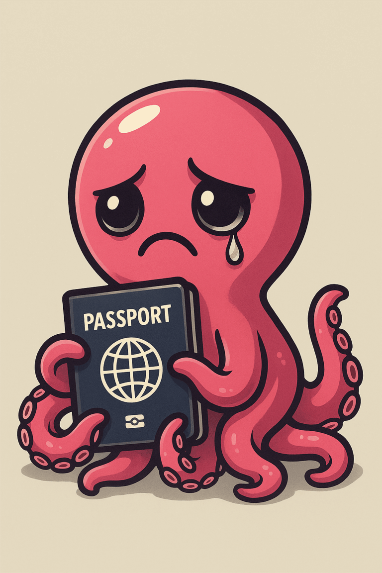 A imagem é uma ilustração digital em estilo cartoon. Ela retrata um polvo rosa com expressão triste, olhos grandes e brilhantes voltados ligeiramente para baixo, e uma lágrima escorrendo do olho esquerdo. O polvo segura um passaporte azul-marinho com as palavras “PASSPORT” em branco e o símbolo de um globo estilizado. Seus tentáculos estão dobrados para sustentar o passaporte, e sua postura transmite desânimo ou melancolia. O fundo é simples e bege-claro, sem outros elementos visuais.
