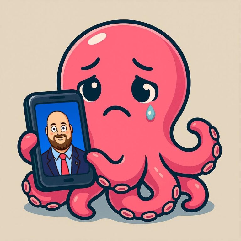 Polvo rosa com lágrima no olho esquerdo segurando um celular. Na tela do celular há uma imagem em estilo cartunesco do famoso meme "Baby Vance".