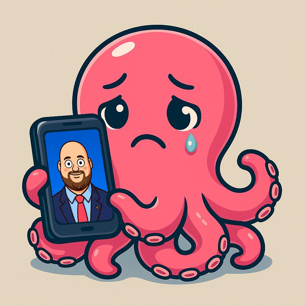 Polvo rosa com lágrima no olho esquerdo segurando um celular. Na tela do celular há uma imagem em estilo cartunesco do famoso meme "Baby Vance".
