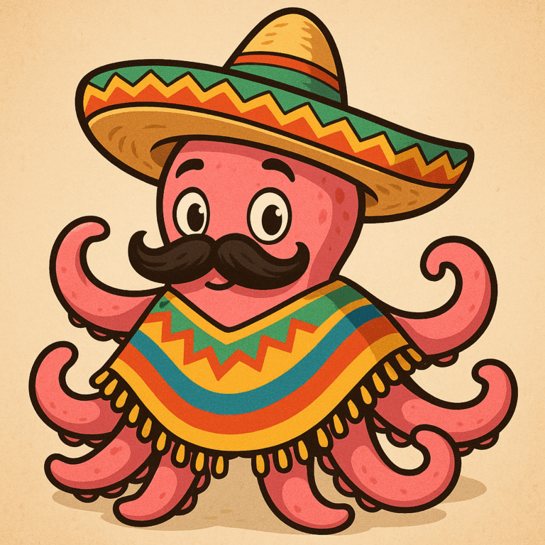Polvo rosa usando um chapéu mexicano, um bigode e um poncho.